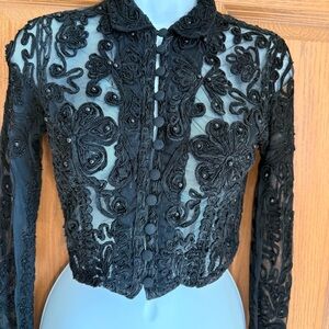 Vintage Cache top womens med black sheer lace beaded cardigan bolero cropped